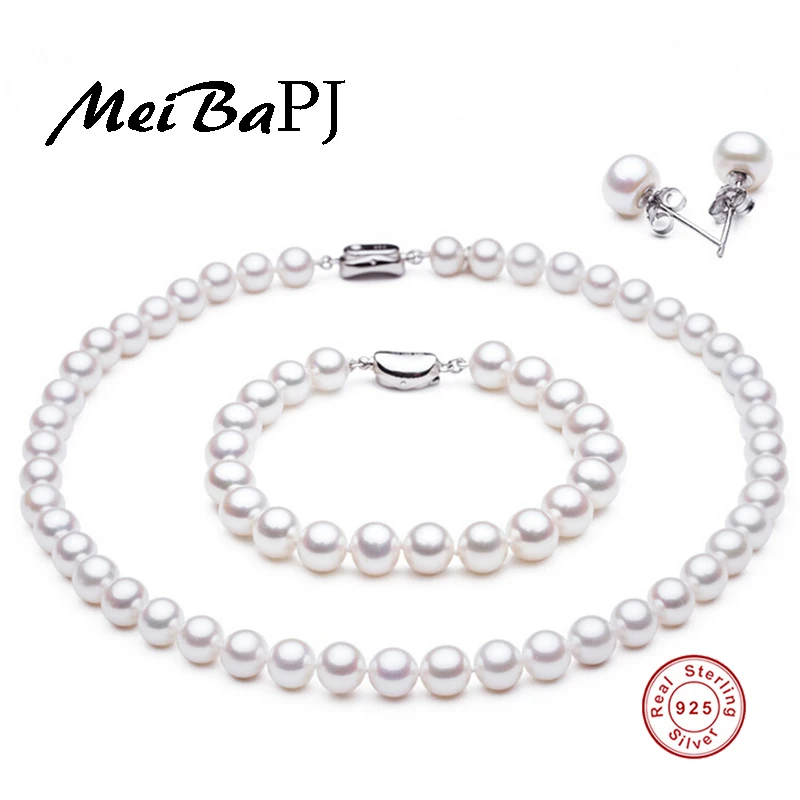 

[MeiBaPJ]925 sterling silver classic natural freshwater pearl necklace bracelet earrings set for women Bridal Wedding Suit