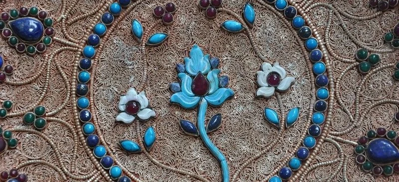 11&quotOld Tibet Buddhism Filigree silver inlay turquoise coral gem Flower wall Than | Дом и сад