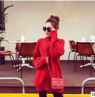 MLXSLKY Autumn sweater women thick loose red color pullover womens fashion turtle neck long sleeve women's knit | Женская одежда