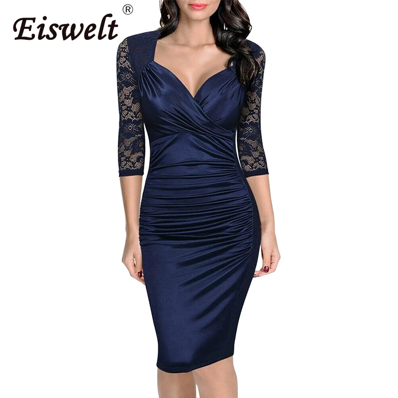 EISWELT Summer Dress Women New Robe Femme Sexy Sheer Lace Pencil Patchwork Knee Length Bodycon Evening Party Black | Женская одежда