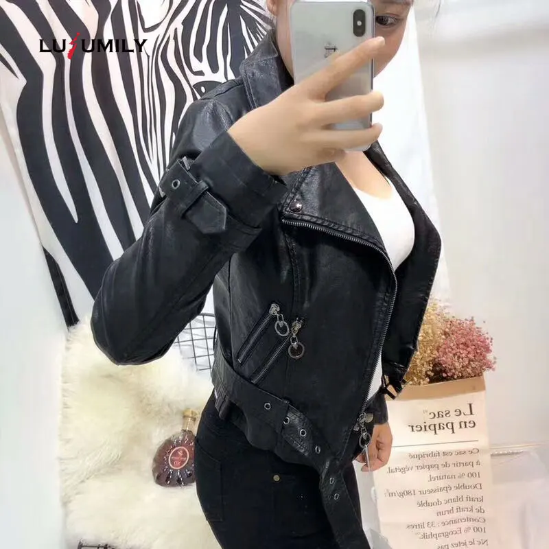 Женская байкерская куртка Lusumily Черная из искусственной кожи на молнии Chaqueta Mujer