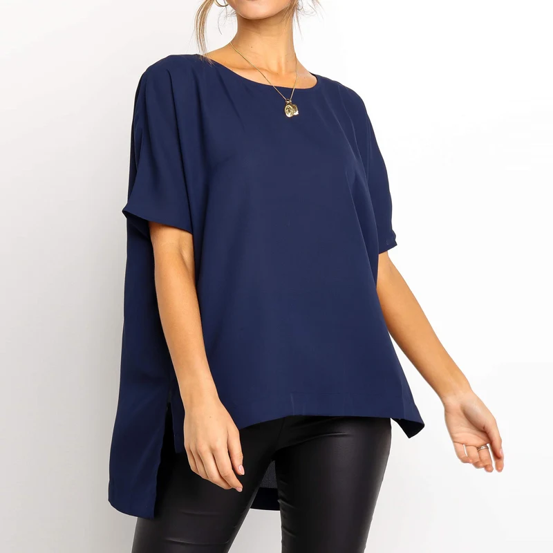

2019 Summer Women Tops And Blouses Solid Color Loose Casual Shirt Short Sleeve Inregular Chiffon Blouse Office Shirt Blusa Mujer