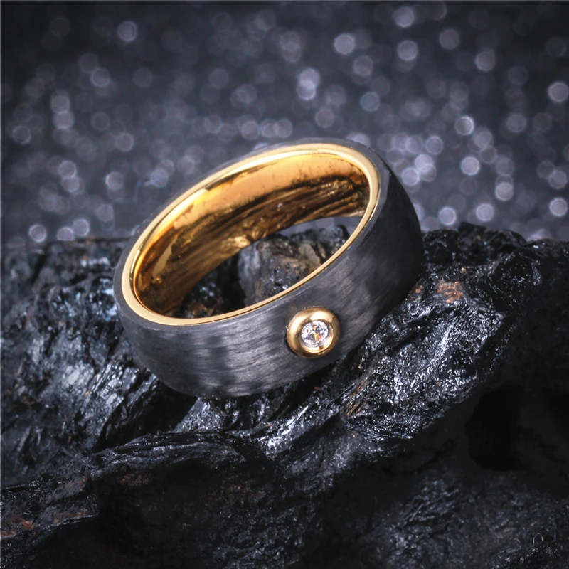 

Gold & Black Carbon Fiber Lovers Couples Wedding Rings 6mm for Boy & Girl Promised Band with CZ Stone Vintage Jewelry