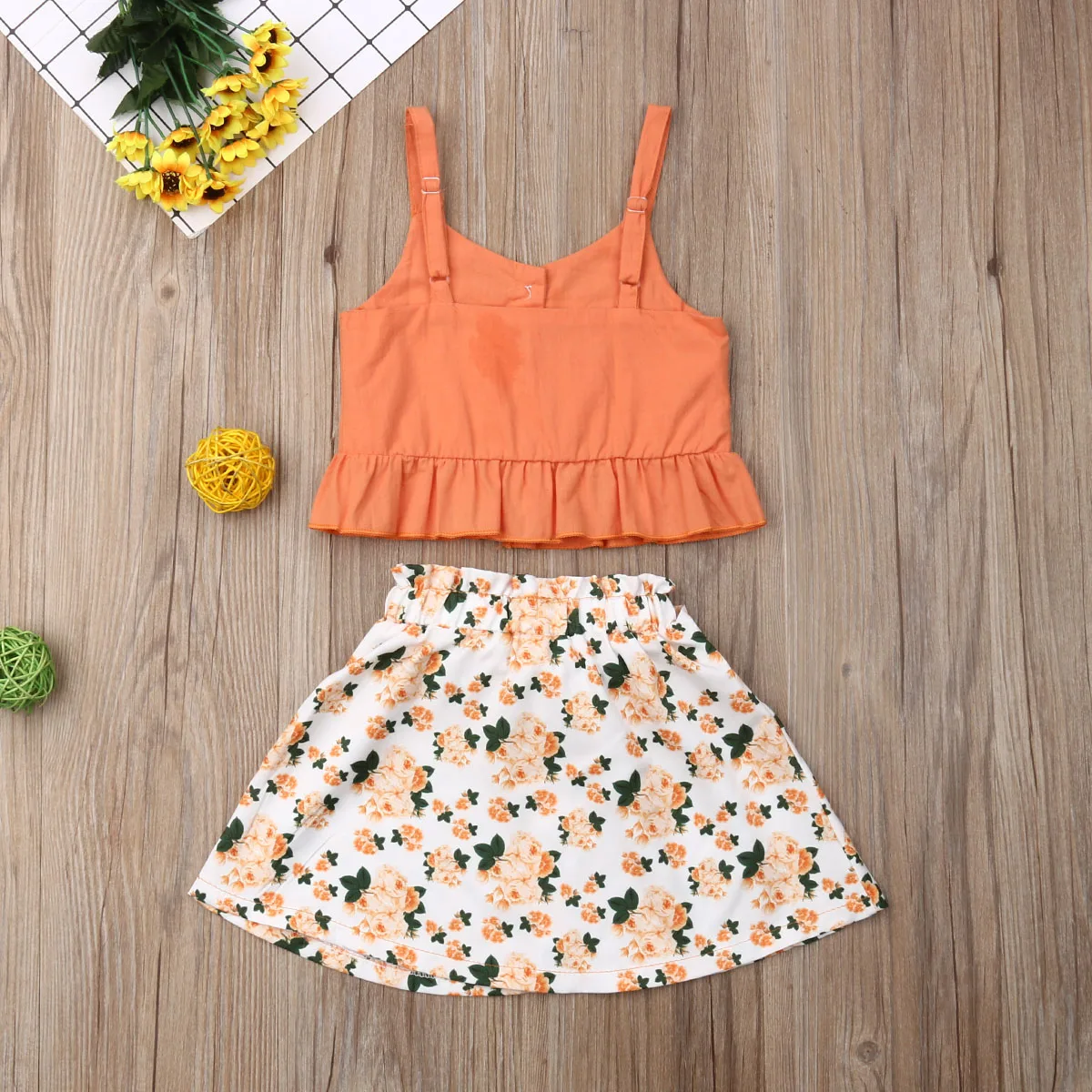 2 шт. топы на бретельках и юбка с цветочным принтом|Комплекты одежды для девочек| |