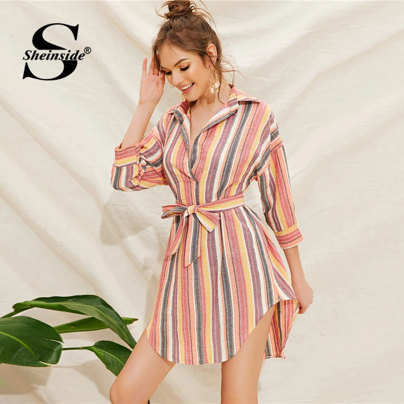 Sheinside Casual Colorful Stripe Print Shirt Dress Women Summer 3/4 Sleeve Straight Dresses Ladies Mini Dress