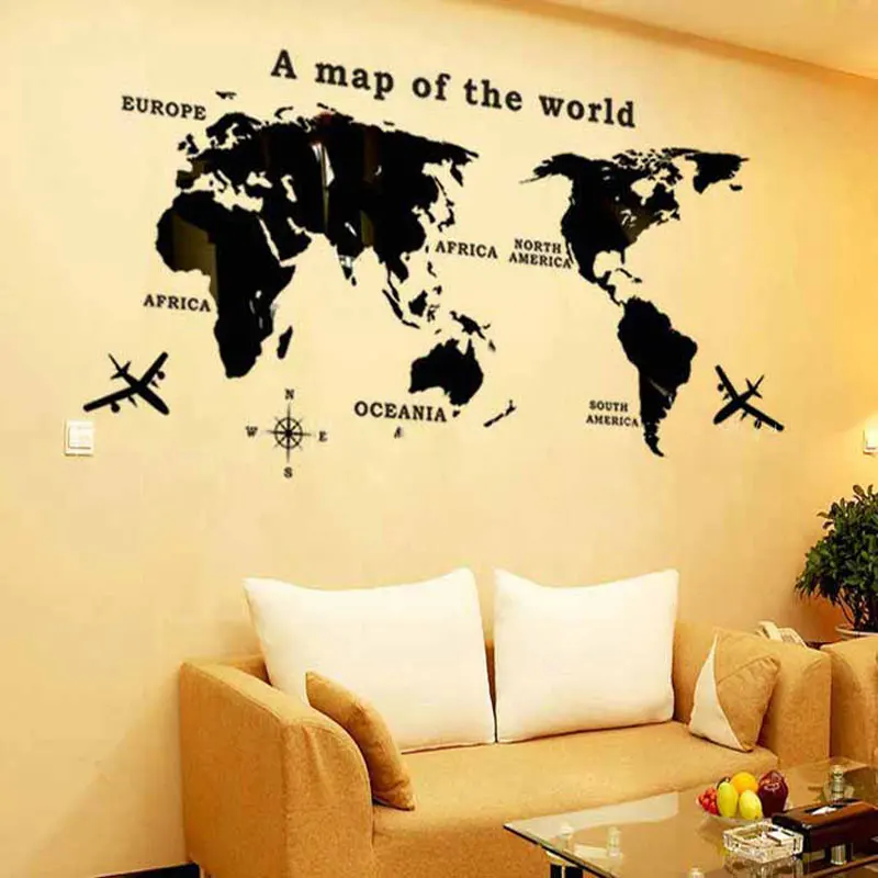 3D Карта мира зеркальные настенные художественные наклейки фоновые акриловые