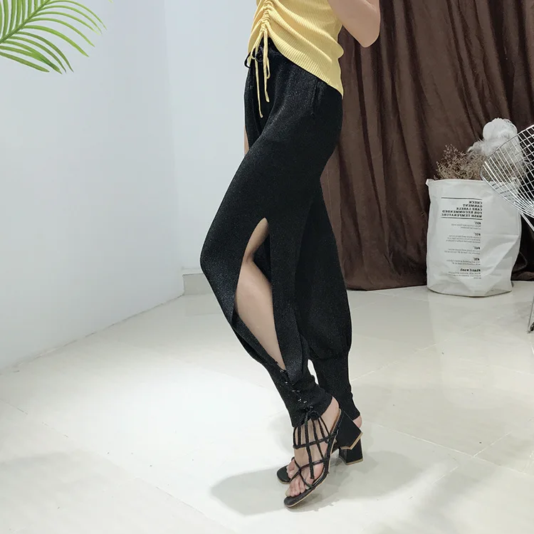 

Women Fashion Silver Ice Silk High Waist Knitted Lantern Pants Casual Pants
