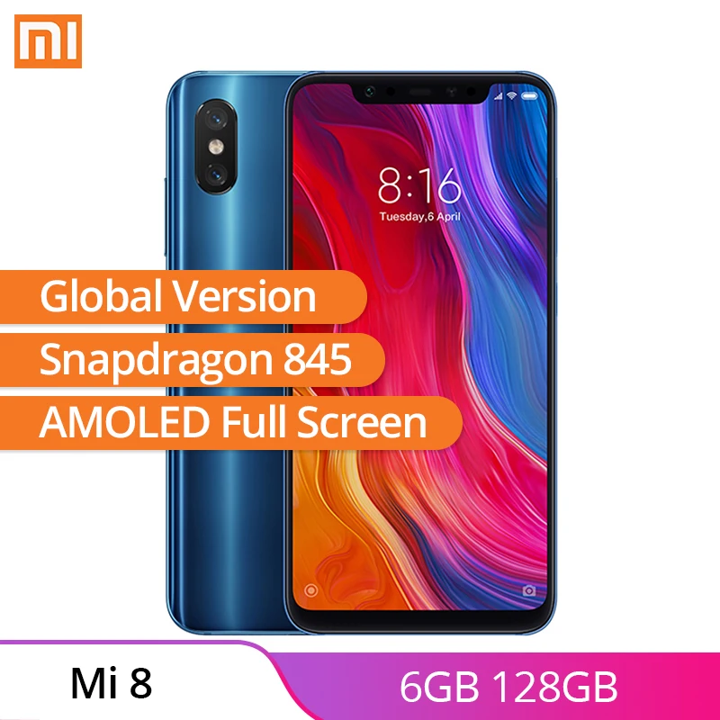 Итальянский стоковый Xiaomi Mi 8 6 ГБ ОЗУ 128 Гб ПЗУ глобальная версия мобильный телефон