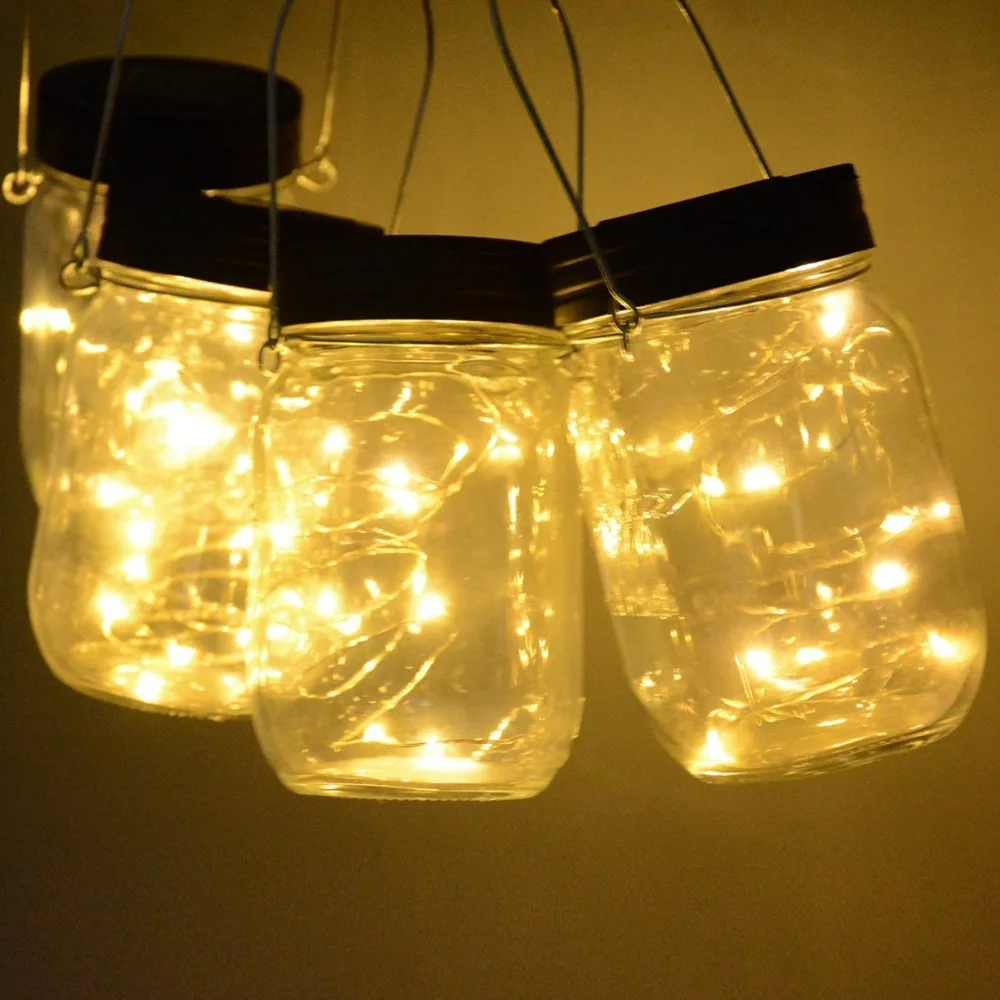 

5pcs Mason Jar Lights 20 LED Christmas Solar Fairy Firefly Lights Lids Insert Hanging Bottle String Lights for Xmas Tree Party