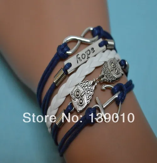 Акции оптовая продажа! Новый Плетеный белый кожаный Веревка Якорь Сова браслет