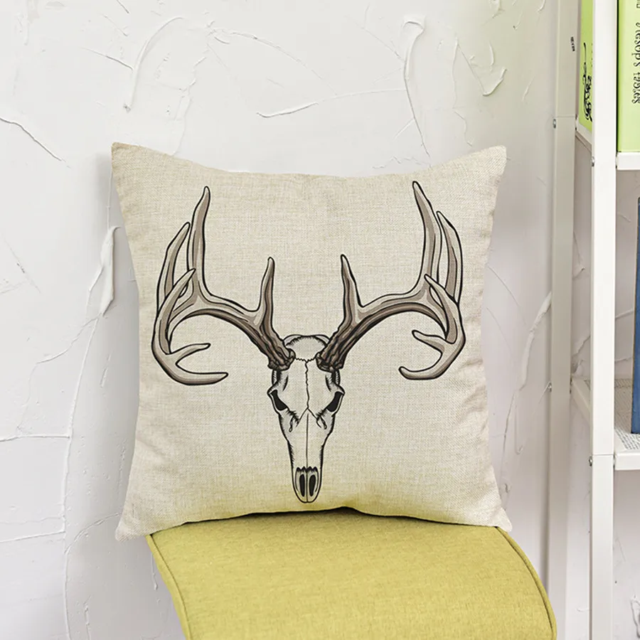 Подушка с рисунком головы оленя хлопковая льняная декоративная наволочка для