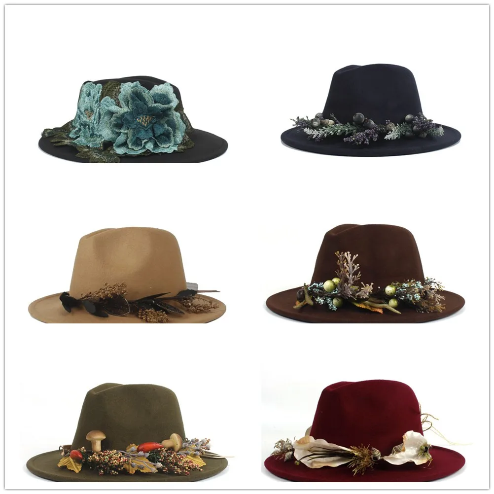 Модная шерстяная Женская фетровая шляпа с цветочным рисунком элегантная женская