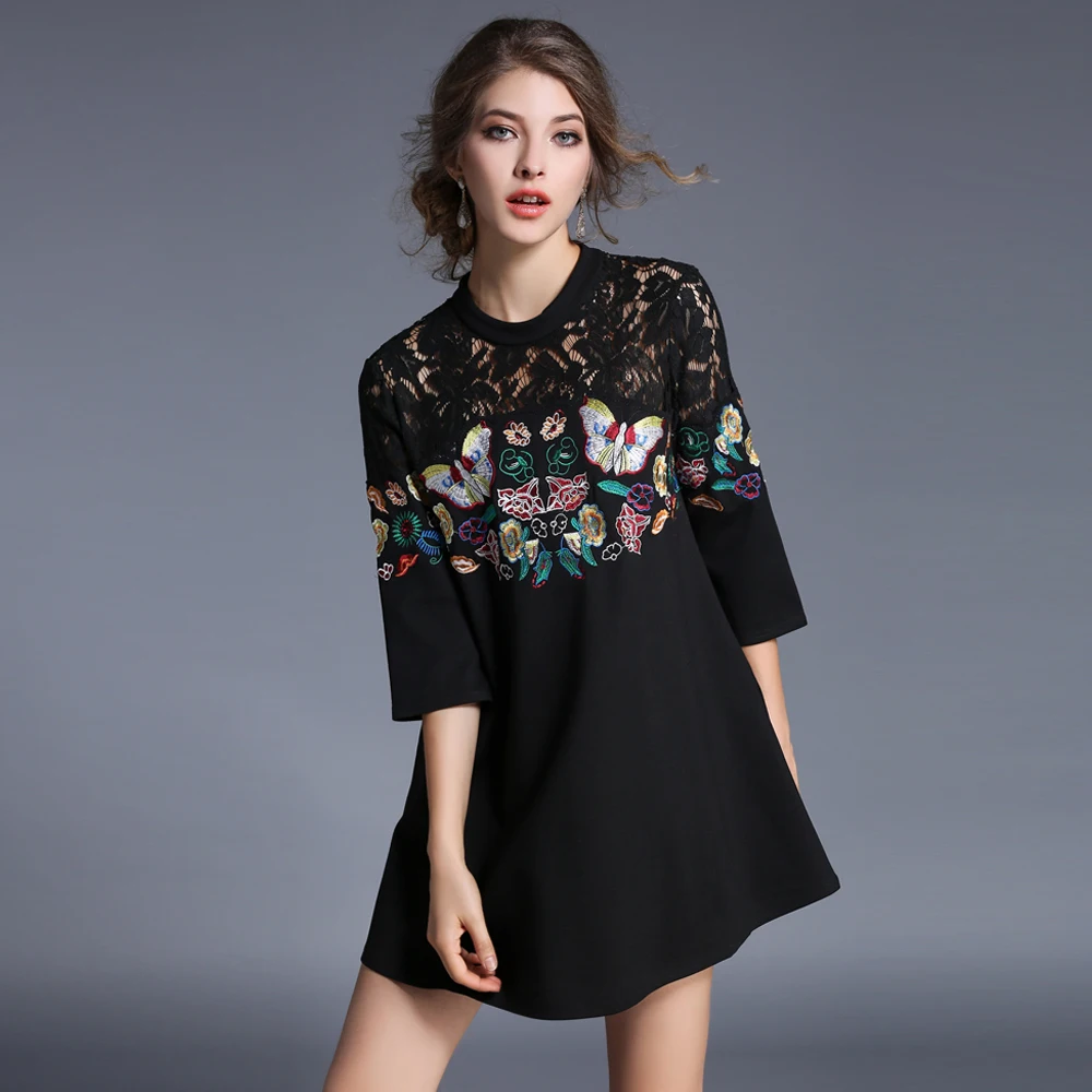 Maxlindy летние платья Кружева Вышивка Бабочка Лоскутная Стенд воротник Винтаж