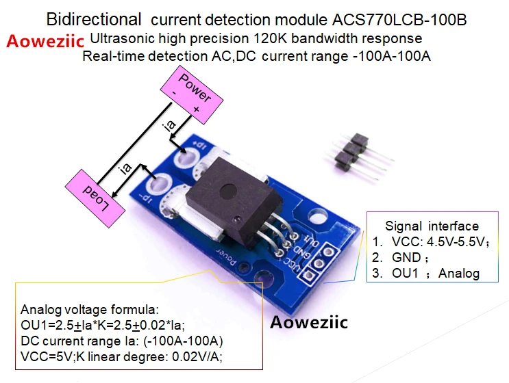 

Bidirectional Current Sensor module ACS770LCB-100B 120 kHz Bandwidth AC, DC: -100-100A 0.02V/1A