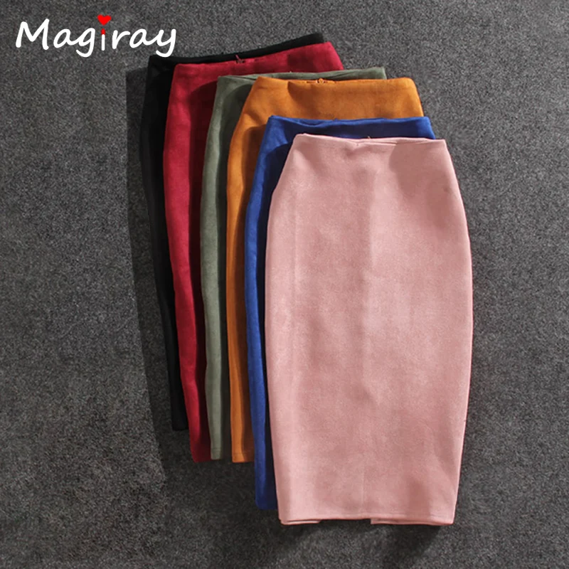 Skirt Women Split Suede Knee Length Autumn Winter Skirt Vintage Sexy Black Pink Skirt C465
