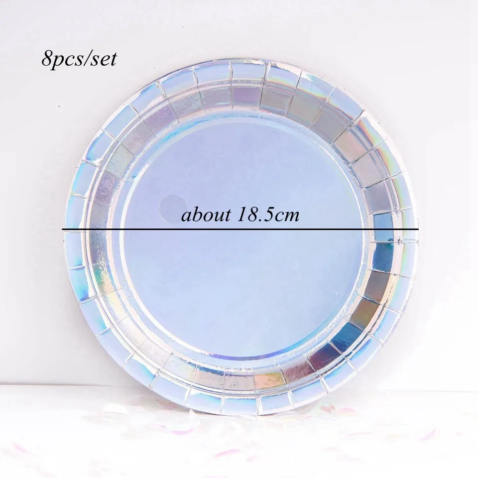 8silver round plate 1 компл. Розовый/Серебряный лазер одноразовые наборы посуды Bling бумажные обертки для кексов посуда для украшения на свадьбу на день рождения вечерние принадлежности - Цвет: 8silver round plate