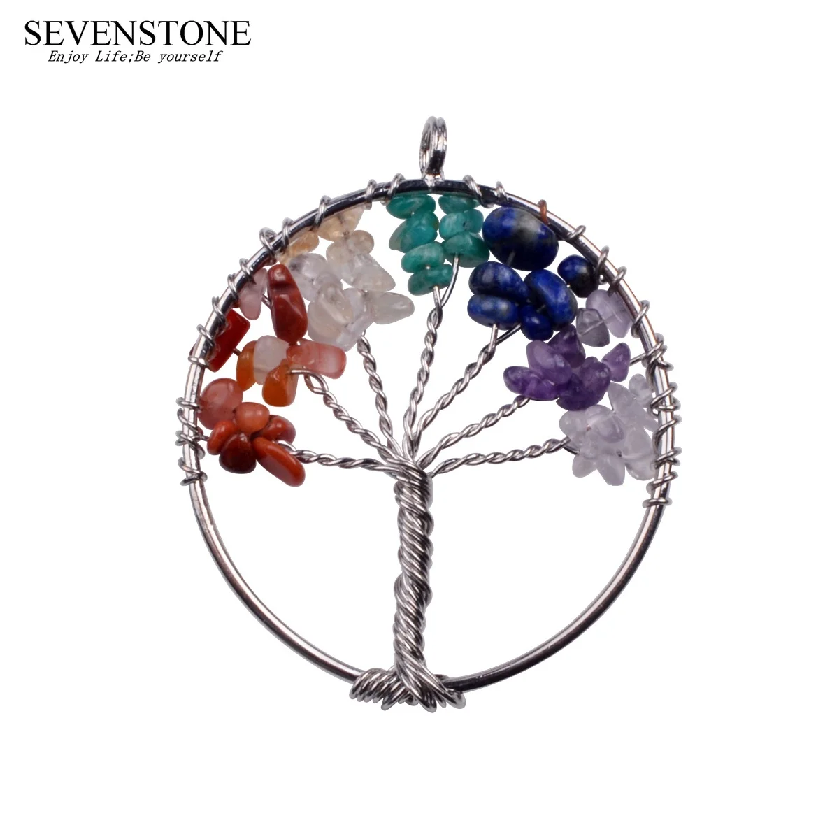

SEVENSTONE 2019 New Reiki Semi-precious Stone Stainless Steel Woven Round Tree of Life Gemstone Charm Gifts Pendants of Women