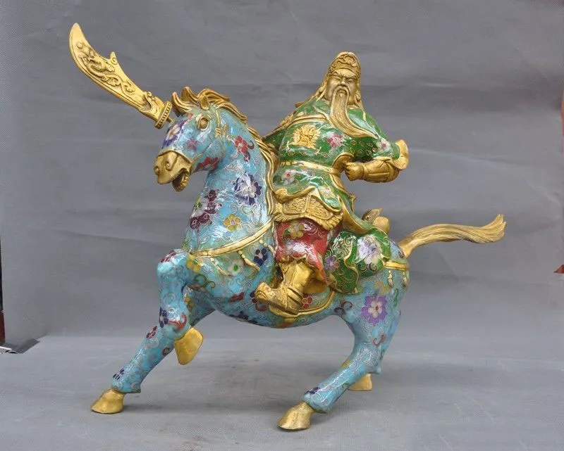 

Christmas 16"Bronze Cloisonne Enamel Dragon GuanGong Guan Yu Warrior God Ride Horse Statue Halloween