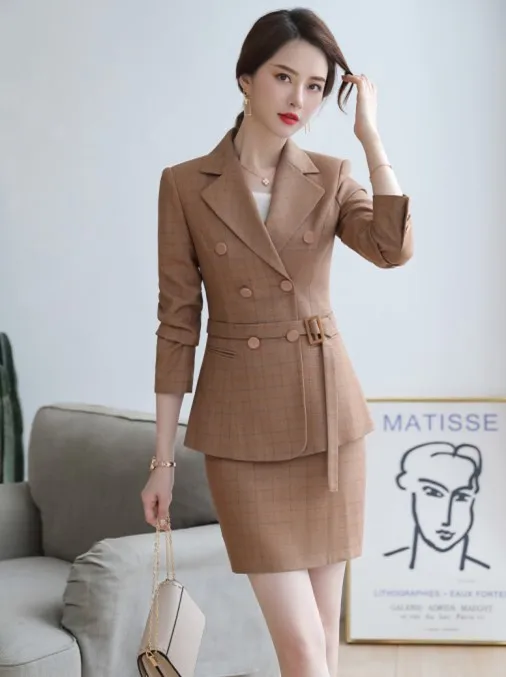 Yellow coat skirt Осенние клетчатые брюки sutis для женщин, тонкий модный темперамент, профессиональный блейзер с длинным рукавом и брюки для офиса - Цвет: Yellow coat skirt