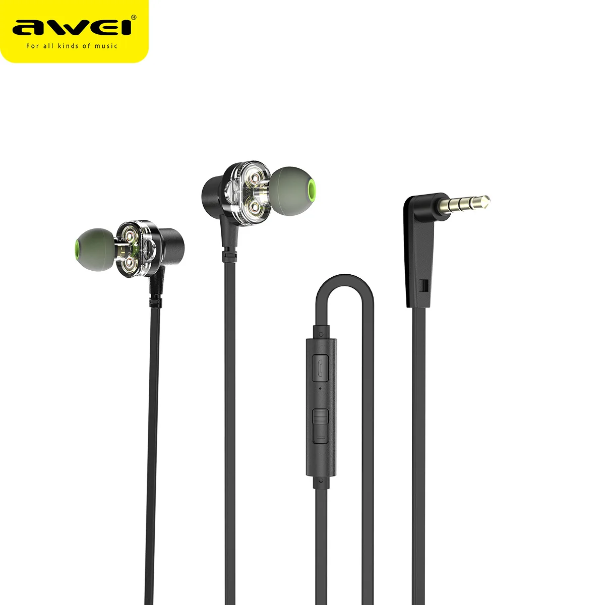 Черный AWEI Z1 Dual Dynamic 3,5 мм HiFi наушники в ухо Спорт бас Проводные металлические наушники с микрофоном для huawei для Xiaomi для MP3/4 плеера - Цвет: Черный