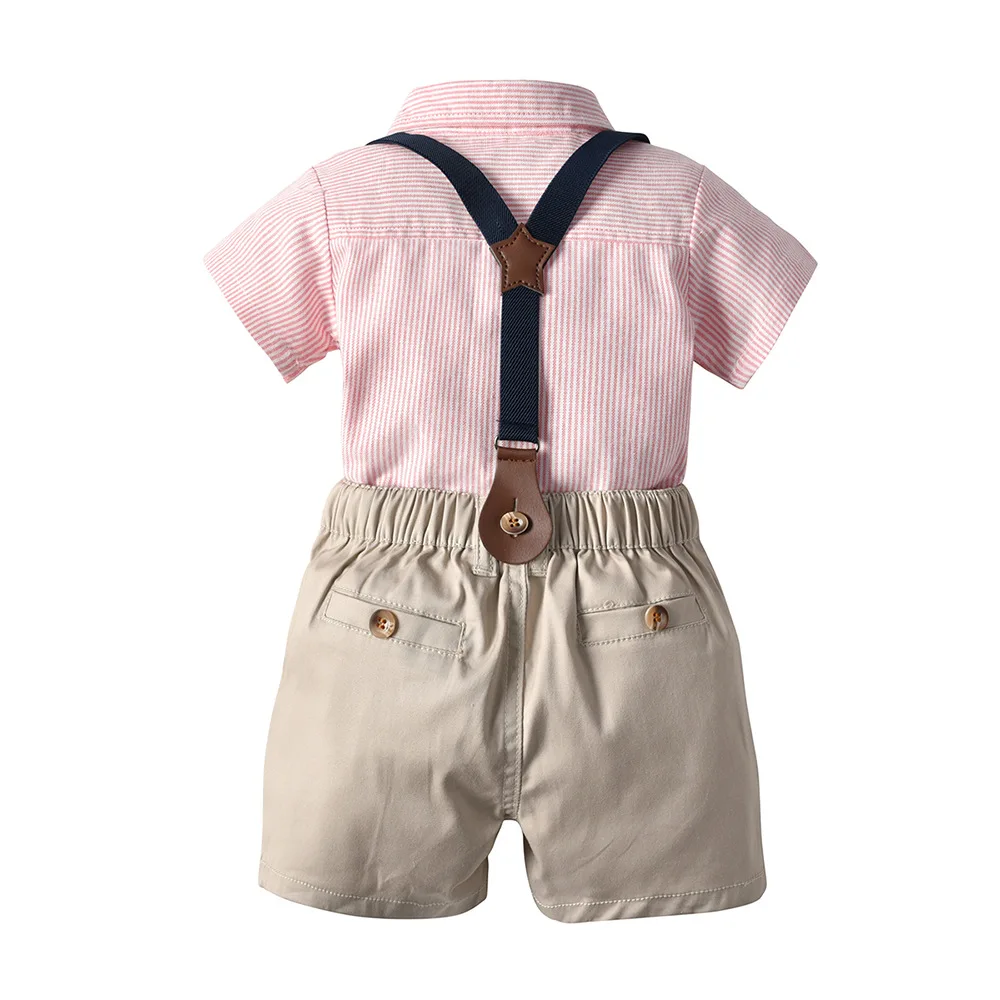 4Piece Summer Outfit Newborn Clothes Korean Fashion Gentleman Suit Baby Shirt+Shorts+Bow+Straps Infant Boys Clothing Sets BC1590 |