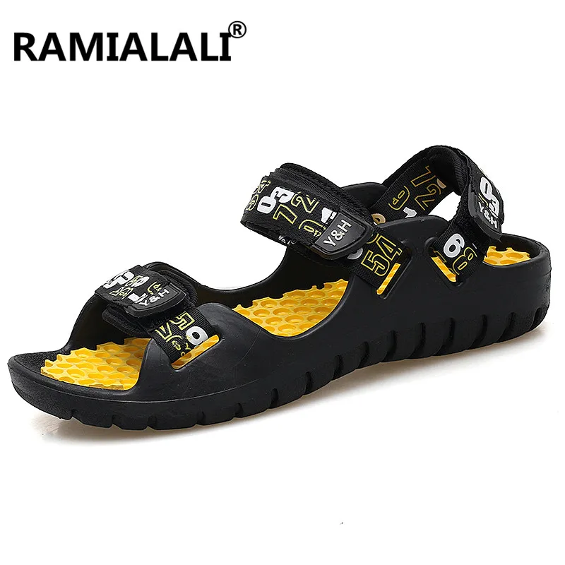 BLACK YELLOW Ramialali/летние мужские сандалии; модные дизайнерские сандалии; Hombre; пляжная обувь; мужские сандалии; брендовые кожаные шлепанцы для мужчин; Zapatos - Цвет: BLACK YELLOW