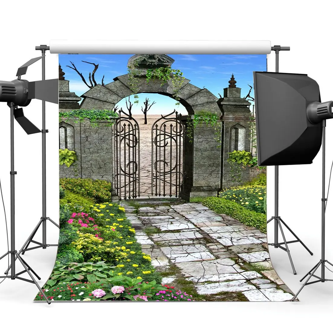 

Fairytale Garden Backdrop Weathered Arch Gate Backdrops Countyard Fresh Flowers Green Grass Meadow Background