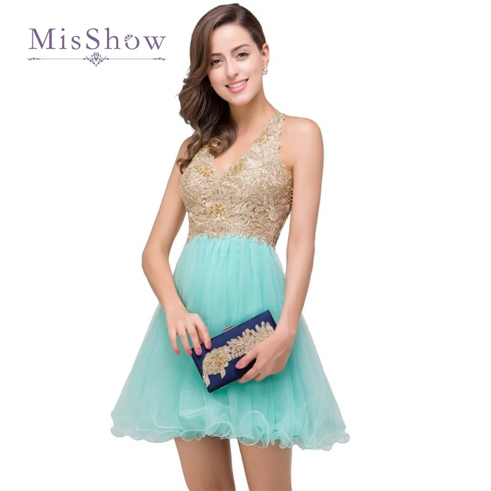 Золотые Аппликации Тюль Зеленая мята коктейльные платья 2017 Короткие Холтер