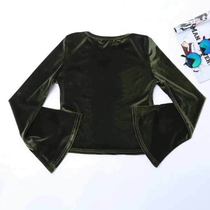 

Korean Style Women Solid Vintage Velvet Long Sleeve Crop Top T-shirt Casual O-neck Women Flare Sleeve Crop Solid Top T-shirt
