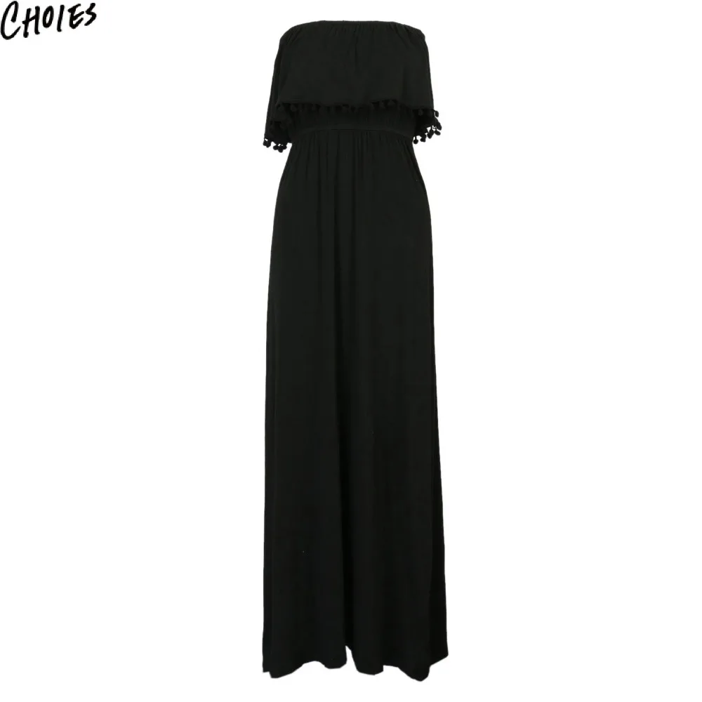 Женское черное сексуальное платье без бретелек с накладными помпонами Пляжное