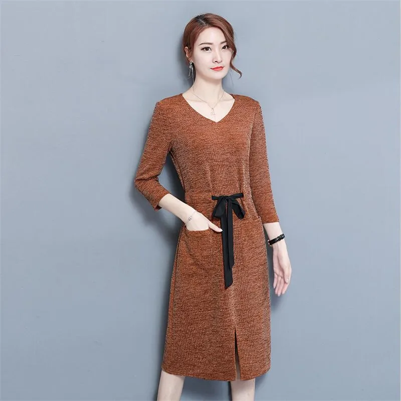 Осень зима модный шейный шарф с v образным вырезом женское платье 2019 повседневный