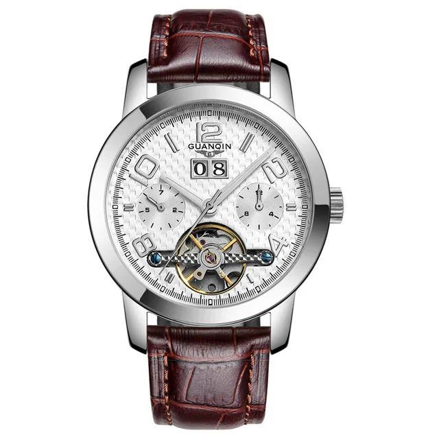 silver white brown Автоматические часы GUANQIN Tourbillon, мужские светящиеся часы с календарем, полностью стальные механические наручные часы Mnale - Цвет: silver white brown