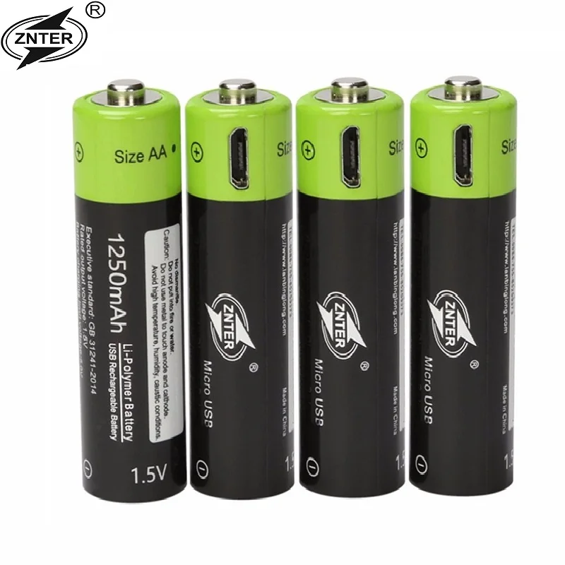 ZNTER AA 1 5 в 1250 мАч батарея 4 шт. USB быстрая зарядка перезаряжаемая литий-полимерная