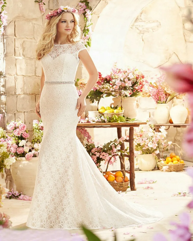 2016 кружева свадебное платье из бисера спинки пышная линии кап-рукава Vestidos де Noiva