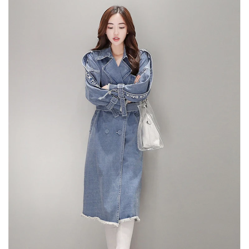 Женский Длинный джинсовый Тренч свободная джинсовая ветровка с длинным рукавом