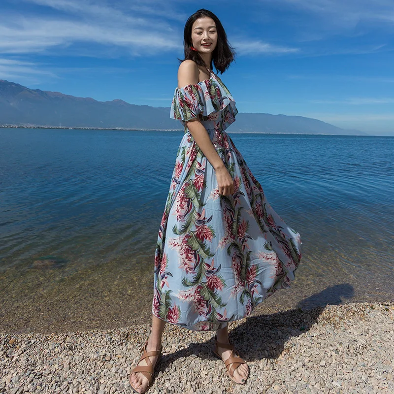 Boho красные женские платья Пляжные Новое поступление 2019 Сексуальная с плеча