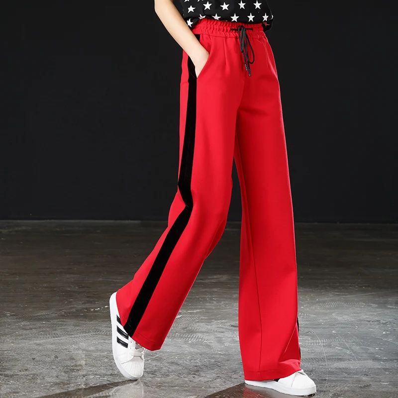 Красные широкие брюки с высокой талией женские весенние свободные прямые