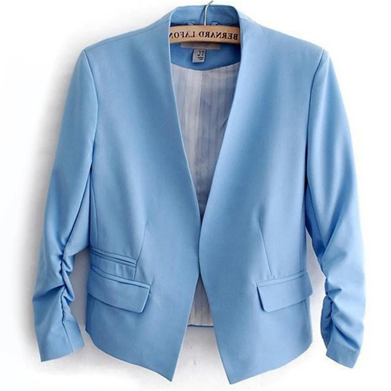 Синий New arrival Jacket Blazer Lined With Striped no Button Women Pleated sleeves Coat Suit fashion Blazers Jacket Candy-colored - Цвет: Синий