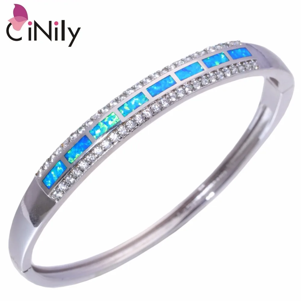 

CiNily Created Blue Fire Opal Cubic Zirconia Silver Plated Wholesale Fashion Jewelry For Women Gift Bangle Bracelet 8 3/8" OS635