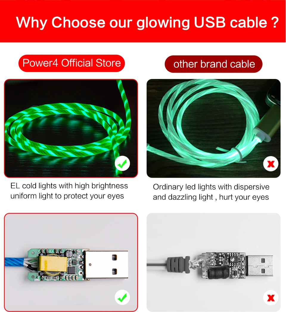 Power4 Прохладный светящийся USB C Микро зарядный кабель три разъема доступны для Lightning/Apple Android type-C зарядки мобильного телефона