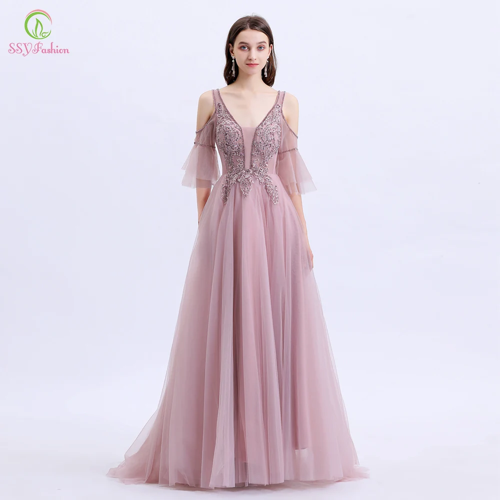 Женское вечернее платье SSYFashion элегантное банкетное розовое с кружевной