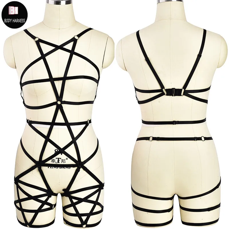 Черное Женское боди с пентаграммой бюстгальтер-портупея для танца на шесте пояс