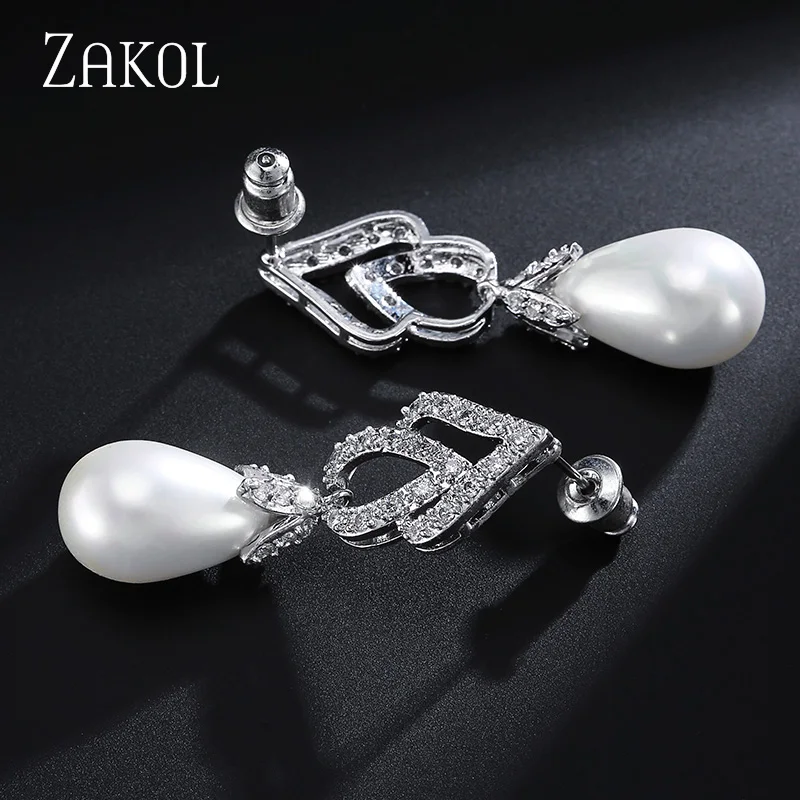 ZAKOL Винтаж Белый цвет цветок имитация жемчуга висячие серьги с цирконием