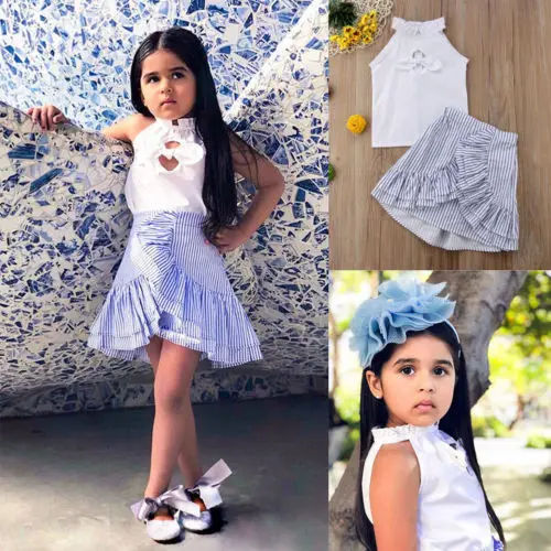 Новинка 2018 летняя одежда для маленьких девочек белая футболка + синяя Полосатая