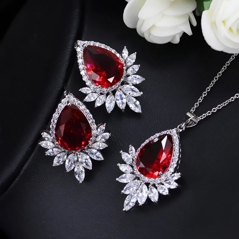 red CWWZircons Высокое качество белого золота цвет кубического циркония ювелирные изделия большой слеза падение Мода CZ дамы ожерелье и серьги набор T051 - Окраска металла: red