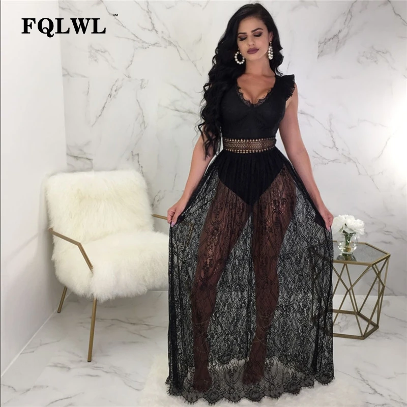 Женское прозрачное длинное кружевное платье FQLWL черное облегающее макси без