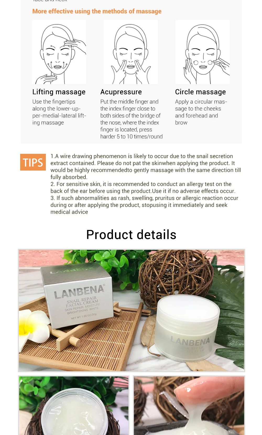 LANBENA Whitening Snail Repair Face Cream+anti Wrinkle Snail Eye Serum Eye Cream Acne Treatment Snail Cream Day Cream 2PCS