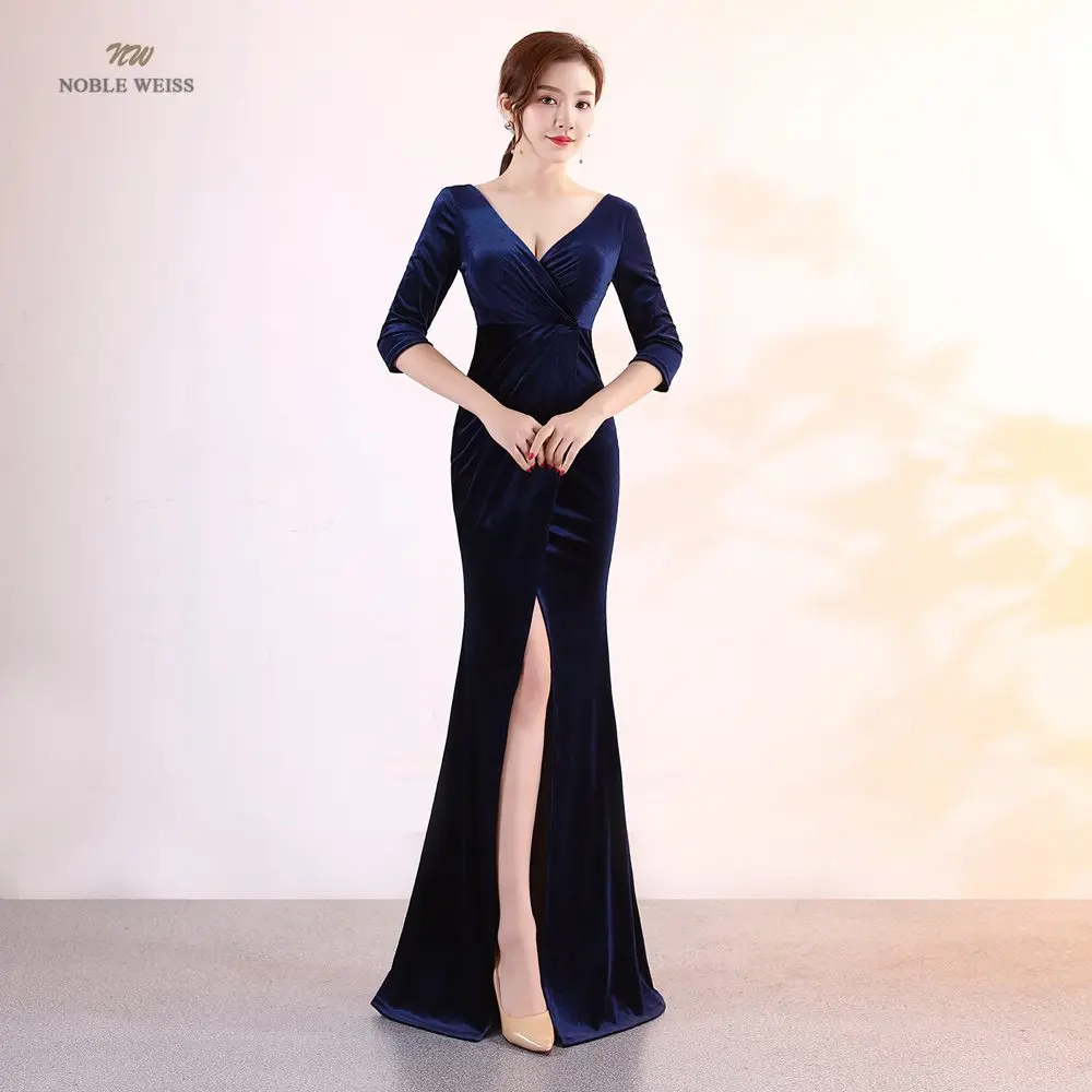 dark blue NOBLE WEISS Русалка Вечерние платья бургундское платье для выпускного вечера сексуальное с v-образным вырезом с разрезом по бокам Длинные вечерние платья - Цвет: dark blue