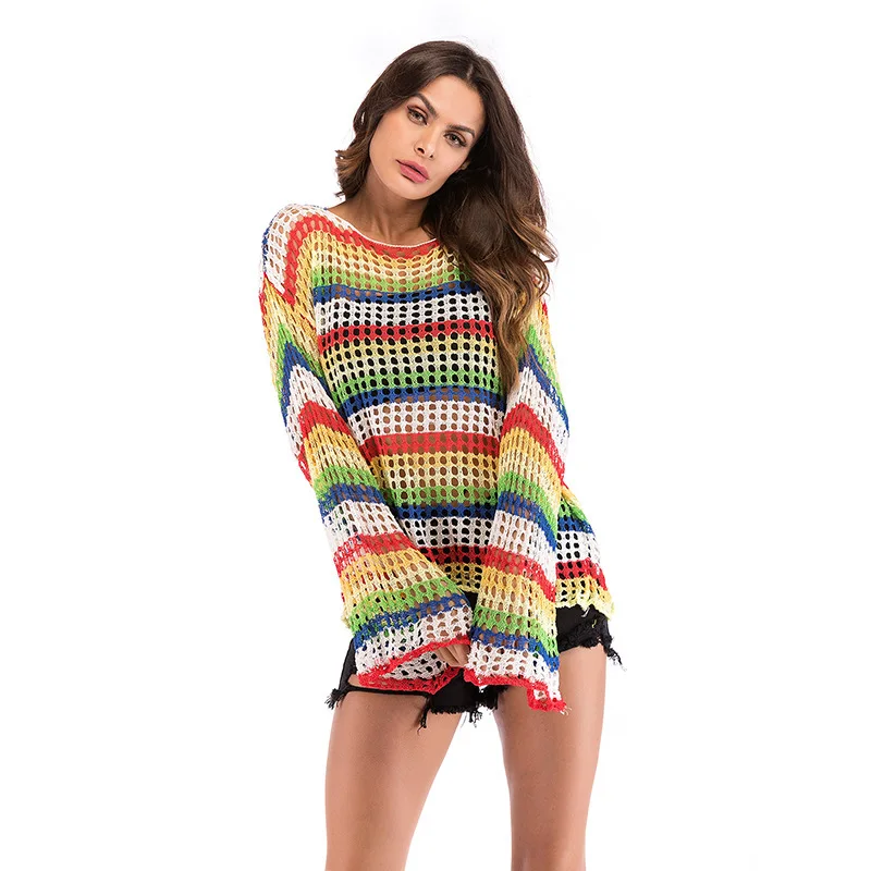 

Jelics Rainbow Stripe Color Block Sweater Women Pullover Tops Long Flare Sleeve Loose Streetwear Knitted Jumper Female Clothes