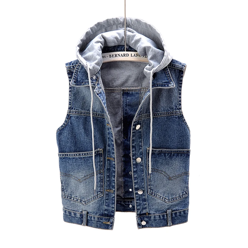 

5XL Women Sleeveless Hooded Denim Vest Jacket Spring Autumn Korean Fashion Short Vest Coats Small Size Blue Jeans Streetwear
